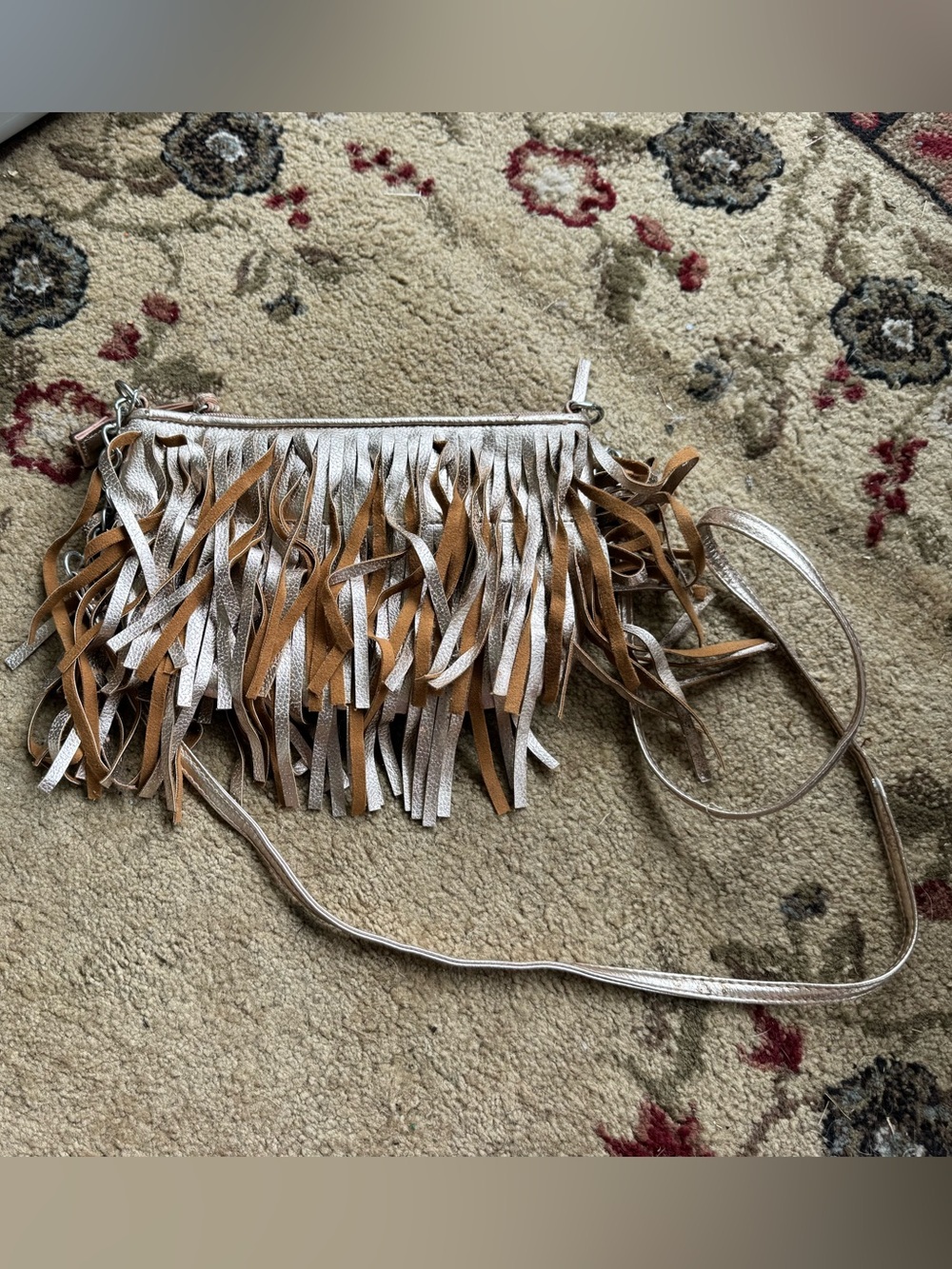 Fringe Metallic Almond Color Crossbody Bag